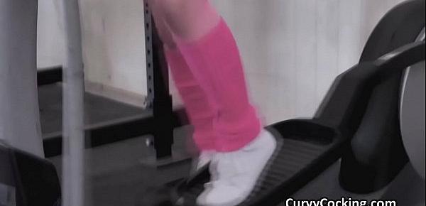  Busty teen in 80s workout outfit rides cock at the gym